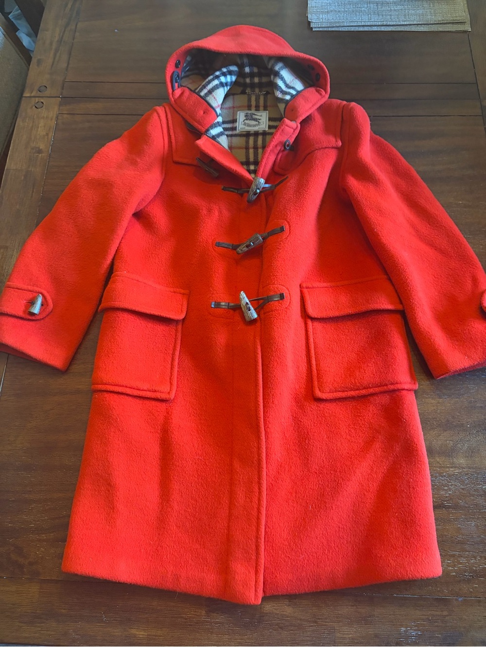 Vintage Burberrys Made in England Red 100% Wool Duffle Toggle Coat Hooded 12/13